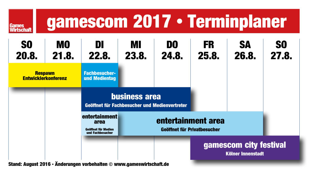 Ab der Gamescom 2017 startet die Messe am Dienstag und endet am Samstag.