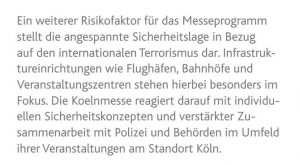 Auszug aus dem Geschäftsbericht 2015 der KoelnMesse: Veranstaltungszentren im Fokus des internationalen Terrorismus.
