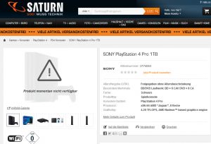 "Momentan nicht verfügbar": Die PlayStation 4 Pro ist bei saturn.de zum Verkaufsstart nicht mehr auf Lager.