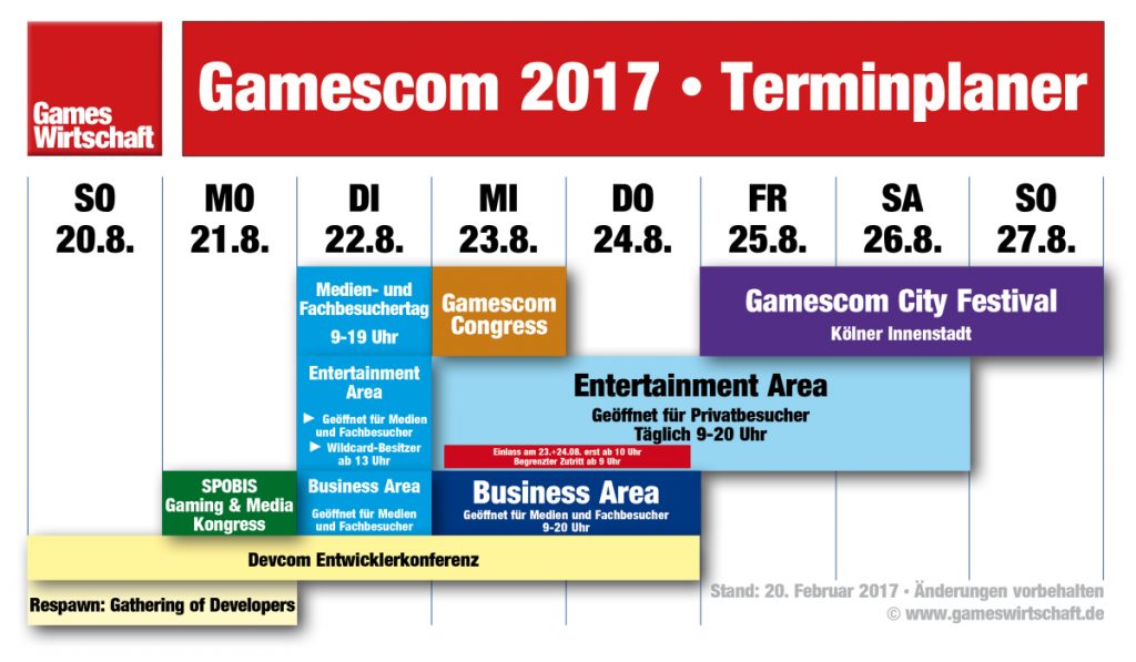 Der aktualisierte Gamescom-Terminplaner - jetzt inklusive SPOBIS Gaming & Media 2017 (Stand: 21.02.2017)