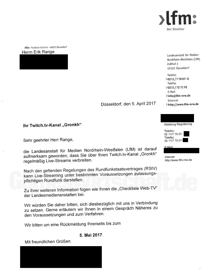 Erstkontakt: Der Brief der Landesmedienanstalt NRW an Gronkh datiert vom 5. April 2017.