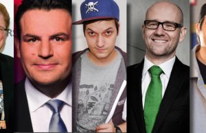 Gamescom Congress 2017: Generalsekretäre diskutieren mit Youtubern Diskutieren in der Wahlkampfarena: Peter Smits (PietSmiet), Hubertus Heil (SPD), LeFloid, Peter Tauber (CDU) und Daniel Budiman (Rocket Beans TV) - Fotos: Tobias Koch, DCP/Getty Images/Quinke Networks