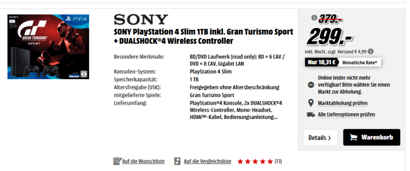Reaktion auf ALDI-Offensive: Media Markt senkt den Preis für das "GT Sport"-PS4-Bundle auf 299 Euro.