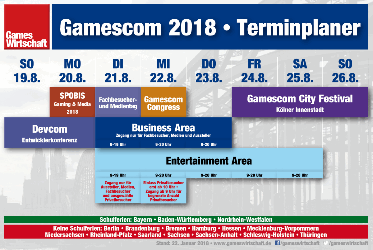 Update für den Gamescom 2018 Terminplaner inklusive der neuen Devcom 2018-Termine (Stand: 22. Januar 2018)