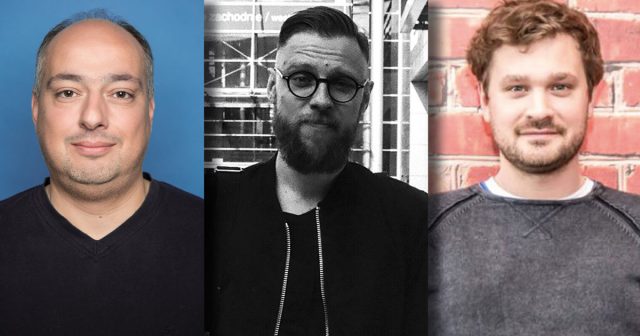Marc Braun (Ubisoft), Patryk Grzeszczuk (11 Bit Studios) und Philip Hammer (Deck 13) stehen auf der Bühne der Quo Vadis 2018 in Berlin.