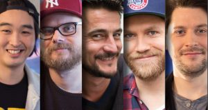 Feiern dritten Sendergeburtstag von Rocket Beans TV: Daniel Budiman, Etienne Gardé, Arno Heinisch, Nils Bomhoff und Simon Krätschmer.