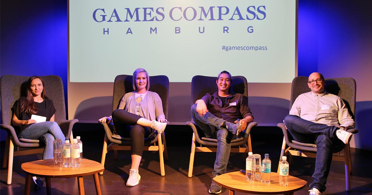 Das Panel des Games Compass Hamburg im Oktober 2018: Funda Yakin (InnoGames), Maxi Gräff (Microsoft), Daniel Budiman (Rocket Beans) und Roland Eisenbrand (OMR) - Foto: InnoGames GmbH