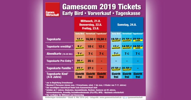 Tages-Tickets für den Gamescom-Samstag (24.8.) sind nicht mehr im Vorverkauf erhältlich - und damit auch nicht an der Tageskasse (Stand: 8. Mai 2019)
