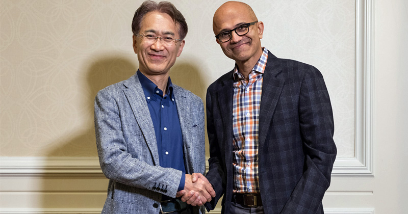 Historischer Handshake: Sony-Vorstands-Chef Kenichiro Yoshida und Microsoft-CEO Satya Nadella besiegeln die Allianz beider Tech-Riesen (Foto: Microsoft Corp.)
