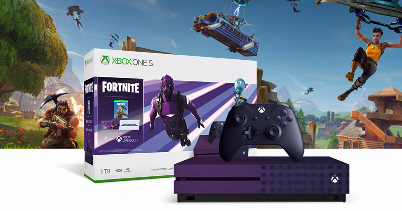 Das Xbox One S Fortnite Sondermodell glänzt mit Speziallackierung und vielen Extras (Abbildung: Microsoft)