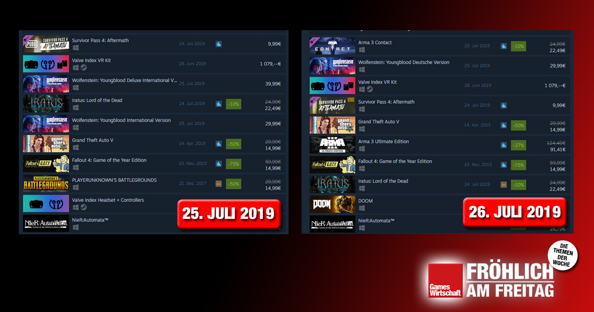 Links die Steam-Top-Seller am 25. Juli - rechts die gleichen Top 10, nur 24 Stunden später: Die internationale Version von "Wolfenstein: Youngblood" wird nicht mehr eingeblendet.