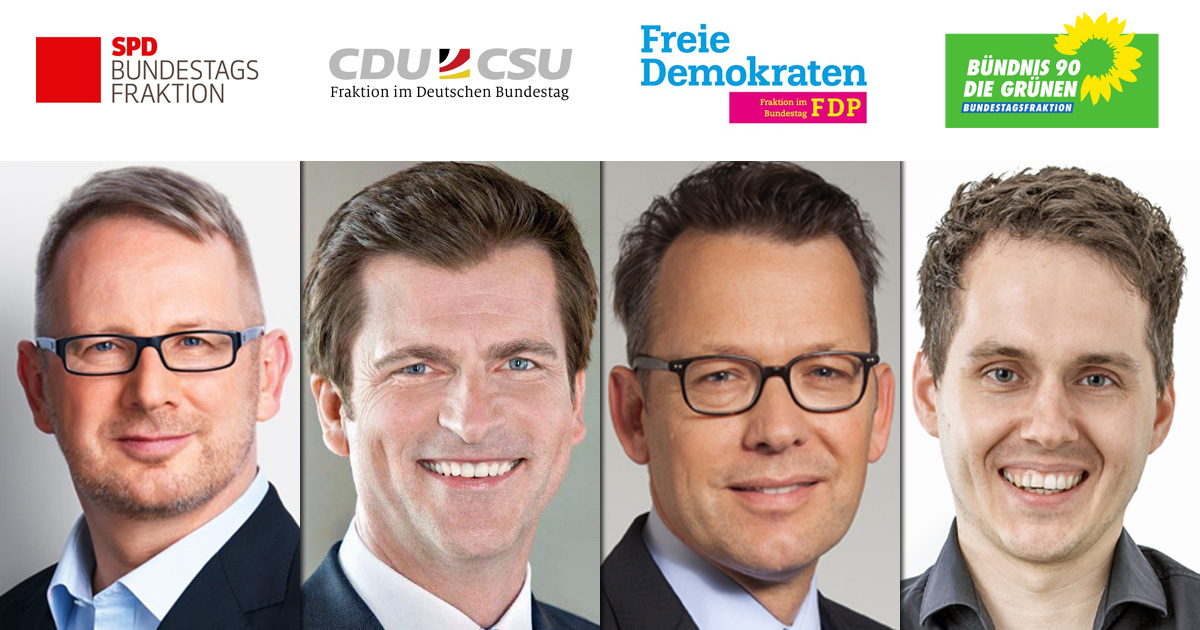 Die haushaltspolitischen Sprecher im Bundestag: Johannes Kahrs (SPD), André Berghegger (CDU), Otto Fricke (FDP) und Sven-Christian Kindler (Grüne) - Fotos: Parteien / Sven Brauers