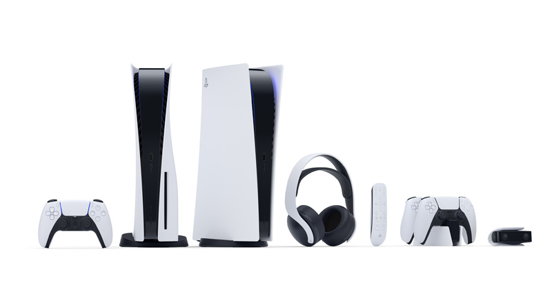 Von links nach rechts: DualSense-Controller, PlayStation 5, Headset, Fernbedienung, Ladestation, Kamera (Abbildung: Sony Interactive)