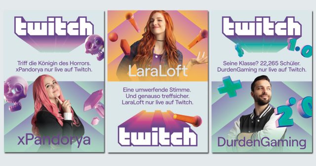 Die Twitch-Streamer Pandorya, Lara Loft und Durdengaming sind die Stars der aktuellen Twitch-Kampagne (Abbildungen: Twitch)