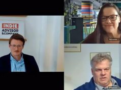 André Bernhardt (links), Ruth Lemmen und Prof. Malte Behrmann diskutieren über die Games-Förderung (Screenshot: YouTube)
