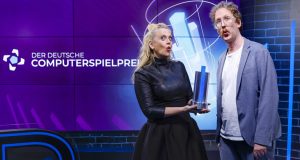 Die Moderatoren beim Deutschen Computerspielpreis 2021: Barbara Schöneberger und Uke Bosse (Foto: Franziska Krug / Getty Images for Quinke Networks)