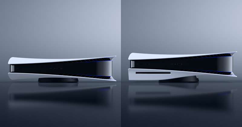 PlayStation 5 Digital Edition (links) und die PlayStation 5 mit Laufwerk im Vergleich (Abbildungen: Sony Interactive)