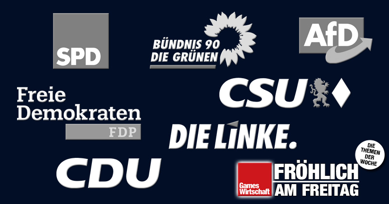 Diese sieben Parteien haben realistische Chancen, nach der Bundestagswahl 2021 dem künftigen Parlament anzugehören (Abbildungen: CDU, CSU, SPD, Bündnis 90/Die Grünen, Die Linke, AfD, FDP)
