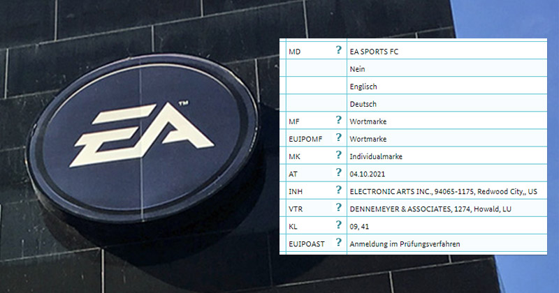 Am 4. Oktober 2021 hat Electronic Arts Markenschutz für EA Sports FC beantragt (Screenshot: DPMA)