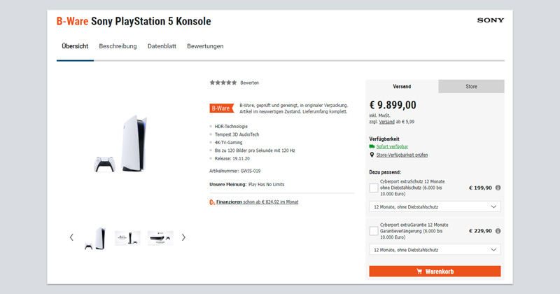Offenkundiger Preisfehler: Die 9.899-Euro-PS5 bei Cyberport (Screenshot)