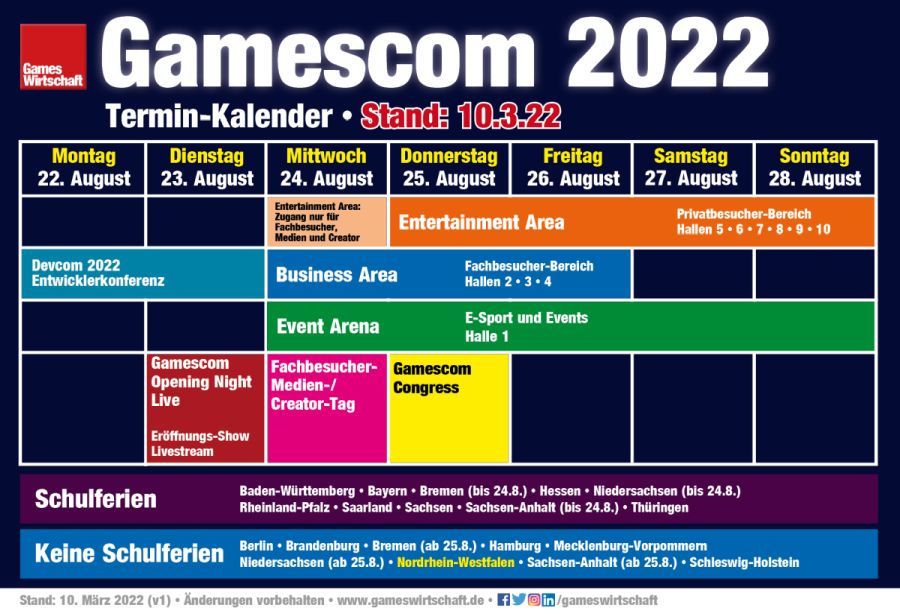 Initial schedule of Gamescom 2022 (as of March 23, 2022 - subject to change)