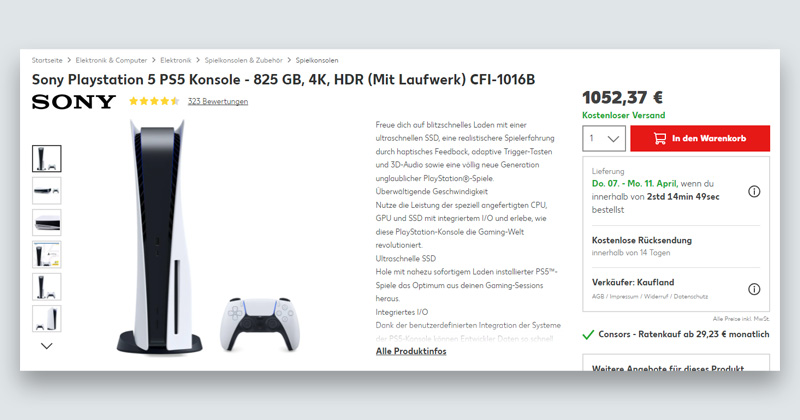 Mit 1.052,37 € liegt der Kaufland-Preis für die PlayStation 5 noch über Scalper- und Ebay-Tarifen (Screenshot)