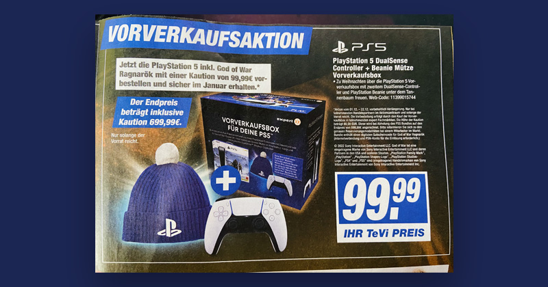 Die PlayStation 5-"Vorverkaufsbox" wird in den Wochen vor Weihnachten 2022 bundesweit von Expert-Händlern beworben.