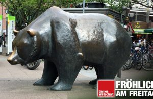 Der bronzene Bär vor der Frankfurter Börse steht für fallende Kurse (Foto: GamesWirtschaft)