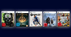 Die fünf meistverkauften PS5-Games im PlayStation Store 2023: Call of Duty: Modern Warfare 2, Elden Ring, FIFA 23, God of War Ragnarök und Grand Theft Auto 5.