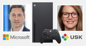 Thomas Kowollik (General Manager Microsoft Deutschland) und USK-Geschäftsführerin Elisabeth Secker erläutern die Zertifizierung des Jugendschutz-Systems auf Xbox-Konsolen (Fotos / Abbildungen: Microsoft / USK)