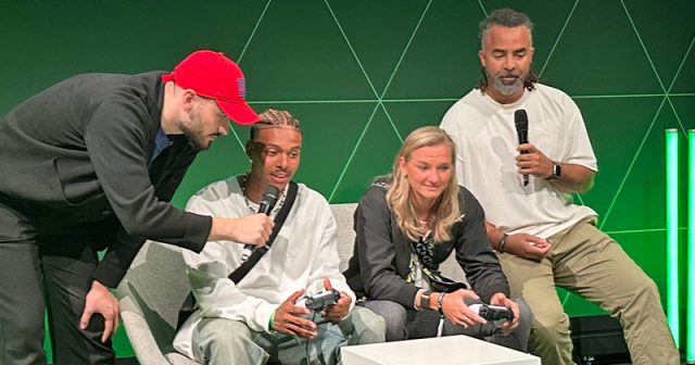 EA Sports FC 24-Launch: FCN-Neuzugang Niklas-Wilson Sommer, Nationalmannschafts-Kapitänin Alexandra 'Poppi' Popp.und BVB-Held Patrick Owomoyela (Foto: GamesWirtschaft)