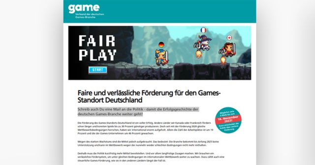 Mit einer E-Mail-Aktion wirbt der Branchenverband Game um eine Fortführung der Games-Förderung (Screenshot)