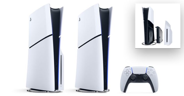 Neues PS5-Modell: Wer sich zunächst für die PlayStation 5 Digital Edition entscheidet, kann das Blu-Ray-Laufwerk später mit einem Handgriff nachrüsten (siehe kleines Foto oben rechts) - Abbildungen: Sony Interactive