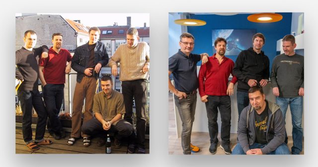 Die fünf Gründer von Yager - 1999 (links) und 2024: Roman Golka (IT Director), Uwe Beneke (Creative Director), Timo Ullmann (Geschäftsführer), Mathias Wiese (Art Director) und Philipp Schellbach (Geschäftsführer) - Fotos: Yager Development