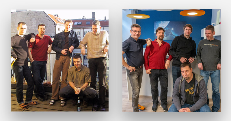 Die fünf Gründer von Yager - 1999 (links) und 2024: Roman Golka (IT Director), Uwe Beneke (Creative Director), Timo Ullmann (Geschäftsführer), Mathias Wiese (Art Director) und Philipp Schellbach (Geschäftsführer) - Fotos: Yager Development