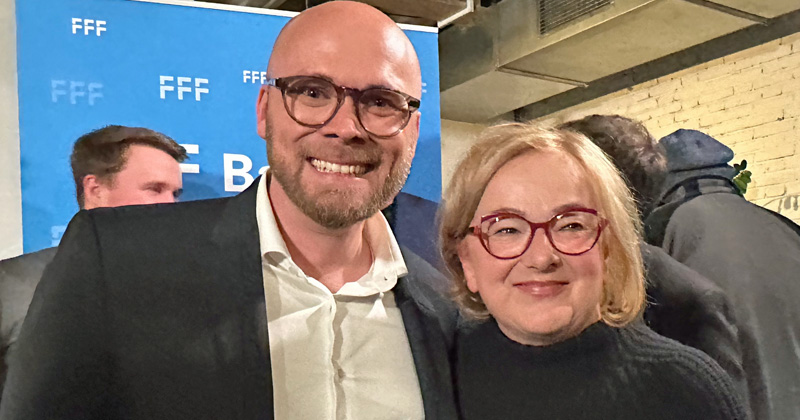 Bavaria's Digital Minister Fabian Mehring (Free Voters) and FFF Bayern Managing Director Dorothee Erpenstein at the DCP 2024 warm-up in Munich (Photo: GamesWirtschaft / Fröhlich)