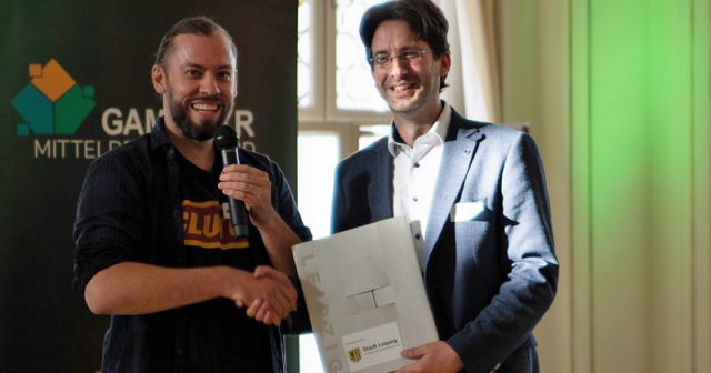 Games-XR-MD-Patzschke-Lueder-040724 Eric Patzschke (Wirtschaftsförderung der Stadt Leipzig) und Friedrich Lüder (Games & XR Mitteldeutschland e. V.) beim Festakt am 4. Juli in Leipzig (Foto: Elisabeth Conrad / Sallisias Dreams)