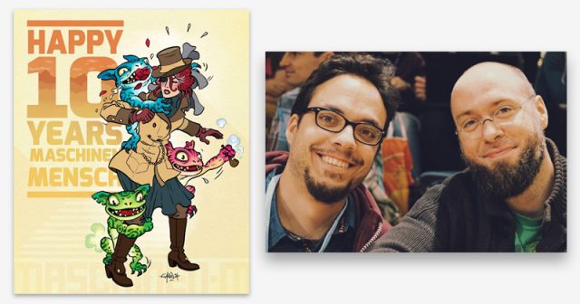 Maschinen-Mensch-Djemili-Kristmann-120225 Riad Djemili und Johannes Kristmann feiern mit ihrem Team das 10jährige Betriebsjubiläum ( Foto: MaschinenMensch UG / Illustration: Garen Ewing)