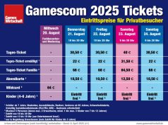 Gamescom 2025 Tickets: Auch Donnerstag und Freitag ausverkauft (Update) Die Preise für Gamescom 2025 Tickets im Überblick (Stand: 8. April 2025)
