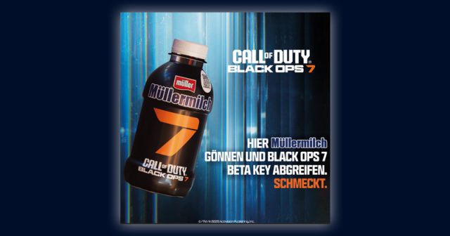 Activision versorgt die Gamescom-Besucher mit diesen limitierten Müllermilch-Flaschen im Call of Duty. Black Ops 7-Design (Abbildung: Activision)