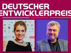 Deutscher Entwicklerpreis wird zur gemeinnützigen Stiftung Kristin Janulik (Geschäftsführerin der Stiftung Gameskultur & Entwicklerpreis gGmbH) und Games.NRW-Vorstand Benedikt Grindel (Fotos: Deutscher Entwicklerpreis)