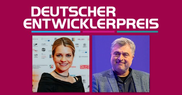 Kristin Janulik (Geschäftsführerin der Stiftung Gameskultur & Entwicklerpreis gGmbH) und Games.NRW-Vorstand Benedikt Grindel (Fotos: Deutscher Entwicklerpreis)