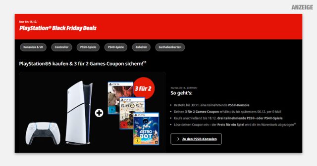 Beim Kauf ausgewählter PS5-Konsolen vor dem 30.11.25 gibt es bei MediaMarkt und Saturn einen 3-für-2-Games-Coupon.