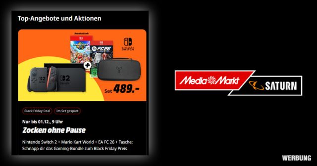 Zum Black Friday 2025 gibt es die Nintendo Switch 2 im Bundle mit EA Sports FC 26 und Tragetasche zum Sonderpreis bei MediaMarkt und Saturn (Abbildung: MediaMarkt-Saturn)