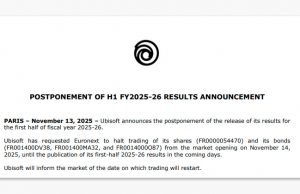 Ubisoft verschiebt Geschäftszahlen und setzt Aktienhandel aus (Update) In buchstäblich letzter Minute verschiebt Ubisoft die Bekanntgabe der Halbjahreszahlen für den Zeitraum April bis September 2025.