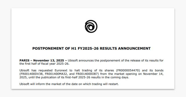 In buchstäblich letzter Minute verschiebt Ubisoft die Bekanntgabe der Halbjahreszahlen für den Zeitraum April bis September 2025.