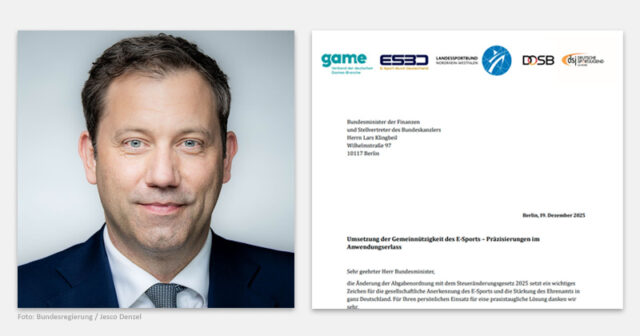 In einem Schreiben an Bundesfinanzminister Lars Klingbeil (SPD) drängen die Verbände auf Präzisierungen mit Blick auf die E-Sport-Gemeinnützigkeit.