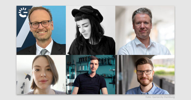 Das Vergabe-Gremium für die Prototypen-Förderung 2026 von Gamecity Hamburg (v. l. n. r.): Michael Schade, Valentina Birke, Karsten Schwaiger, Nina Müller, Jonas Hüsges und Dennis Schoubye.
