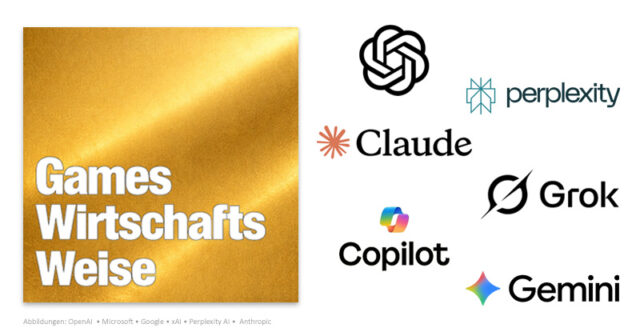 GamesWirtschaftsWeise-2026-KI-Prognosen-110226 ChatGPT, Perplexity, Grok, Google Gemini, CoPilot und Claude AI treten außer Konkurrenz bei den GamesWirtschaftsWeisen 2026 an.