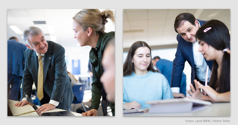 NRW-Innenminister Herbert Reul (CDU) und Medienminister Nathanael Liminski (CDU) bei der Vorstellung von 'Wer ist Bilal?' an einem Gymnasium in Meerbusch.